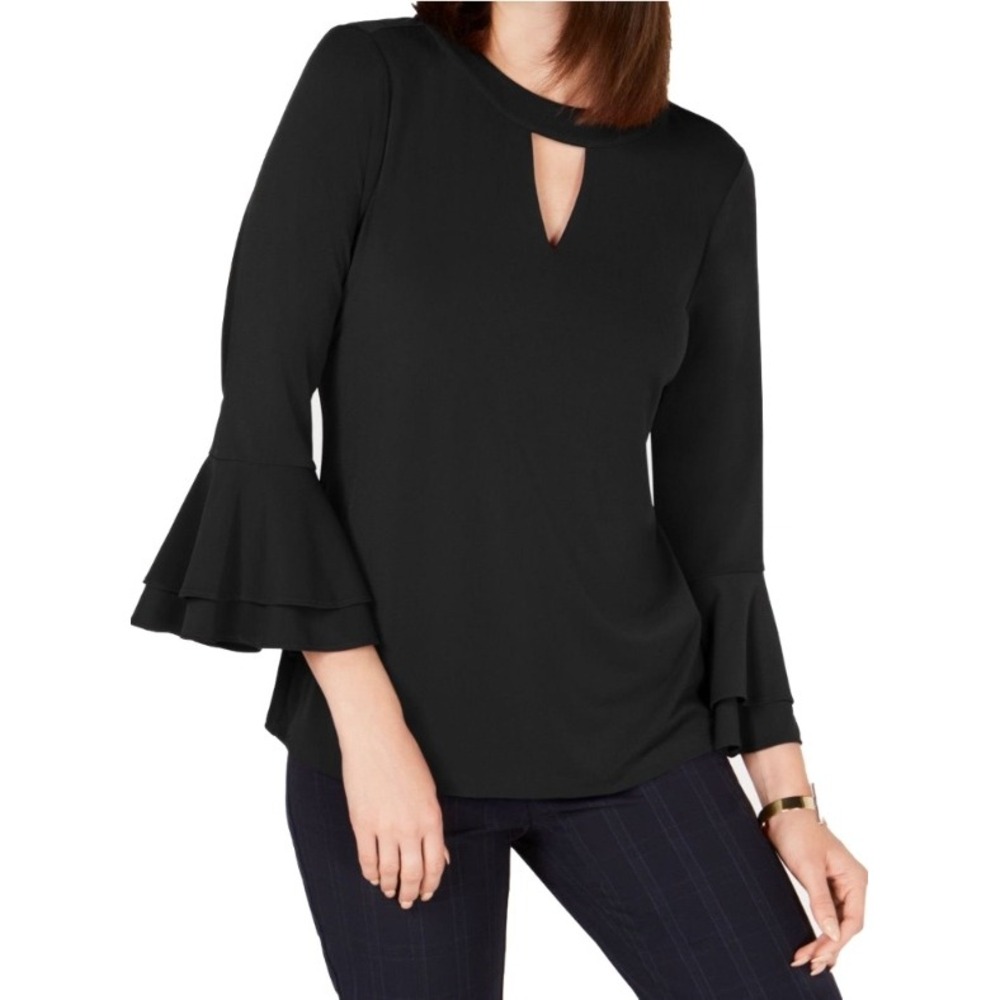 Charter Club‎ Keyhole Blouse Bell Sleeve Top Elegant Black Small NWT